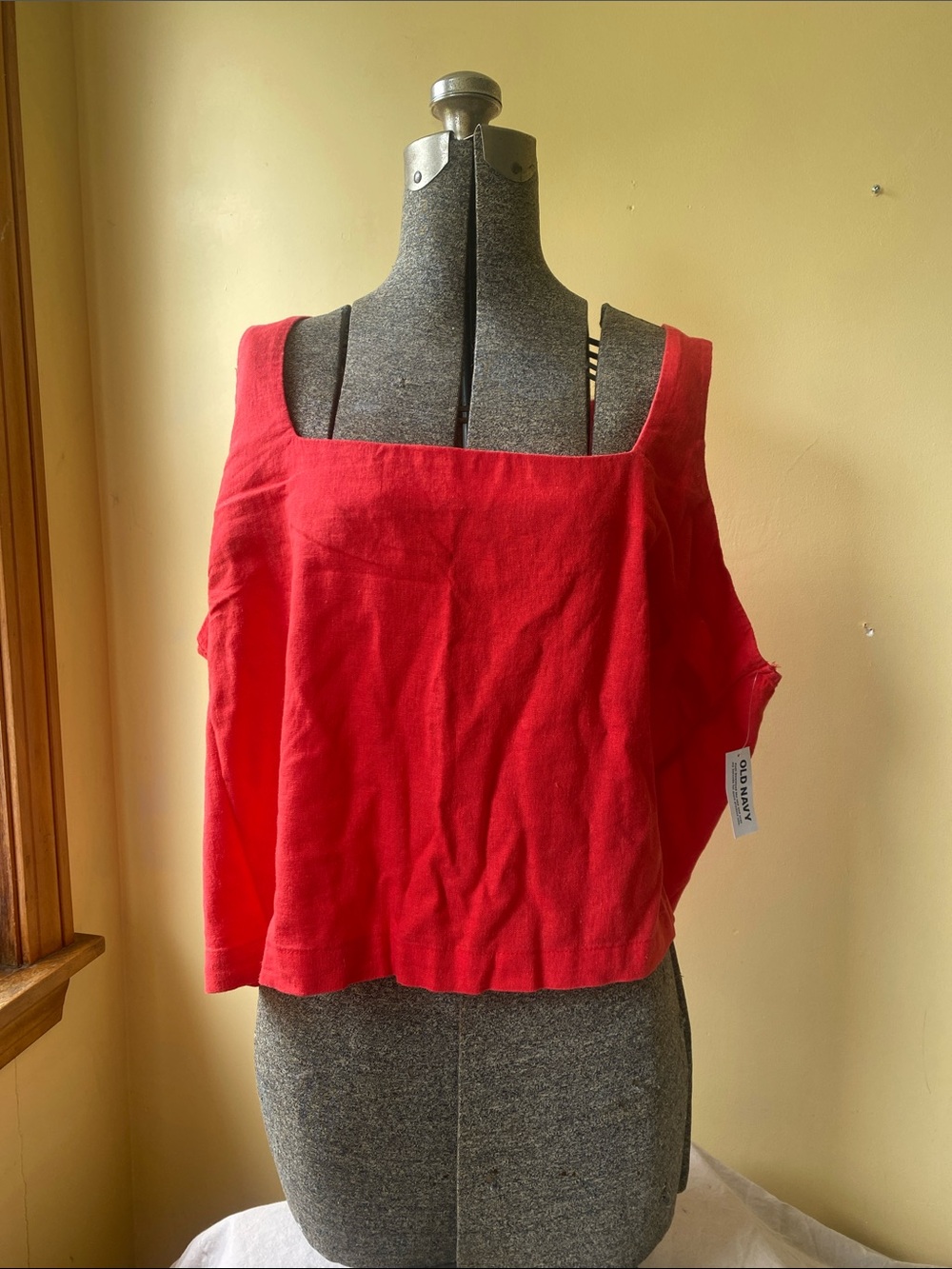 Linen Blend Red Square-Neck Crop Tank Top